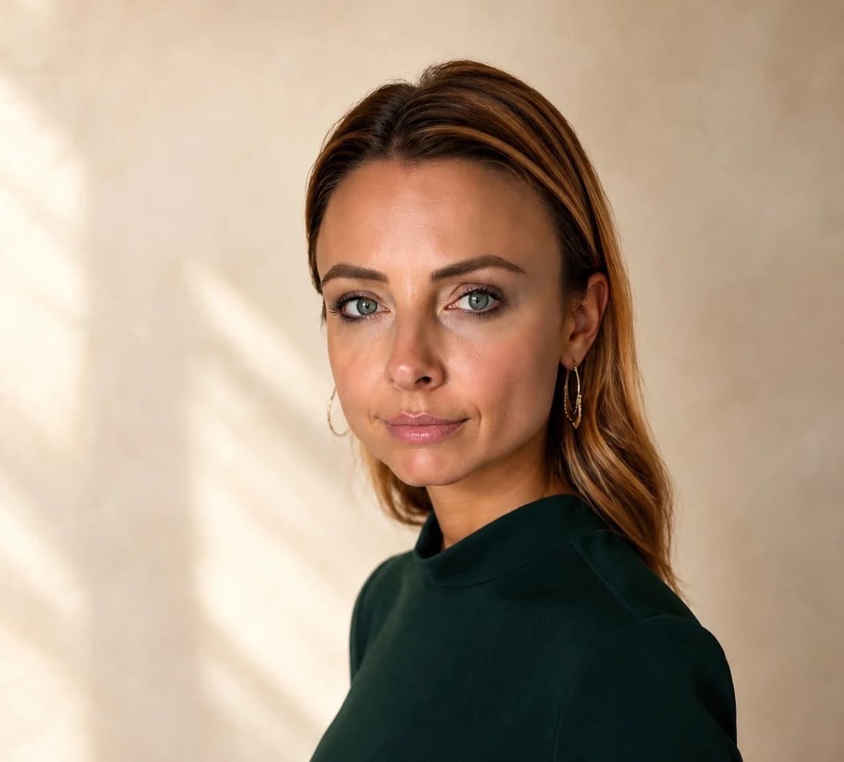 Tatyana Baumgartner, CPA, Chief Operating Officer of HTx Pain Institute — head-and-shoulders portrait in a dark green top against a sunlit cream wall.